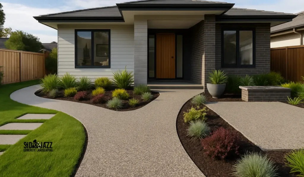 Modern Front Yard Designs with Exposed Aggregate Paths and Patios: Style Meets Durability