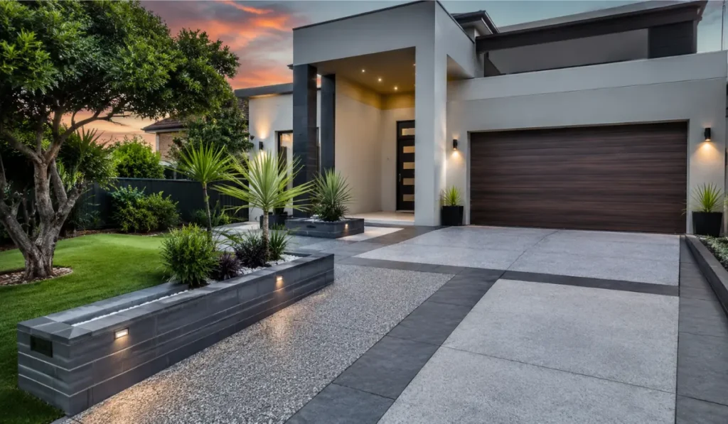 Decorative concrete driveway at a modern Perth home
