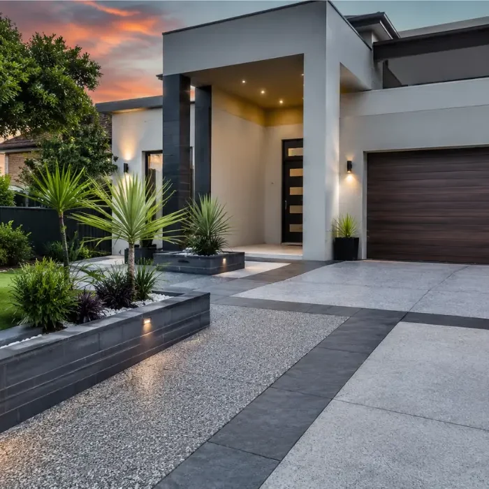 Decorative concrete driveway at a modern Perth home